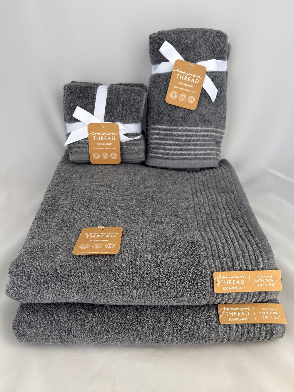 NWT 8Pc Common Thread Bamboo Eco-Melange Charcoal Grey Bath Towels Set